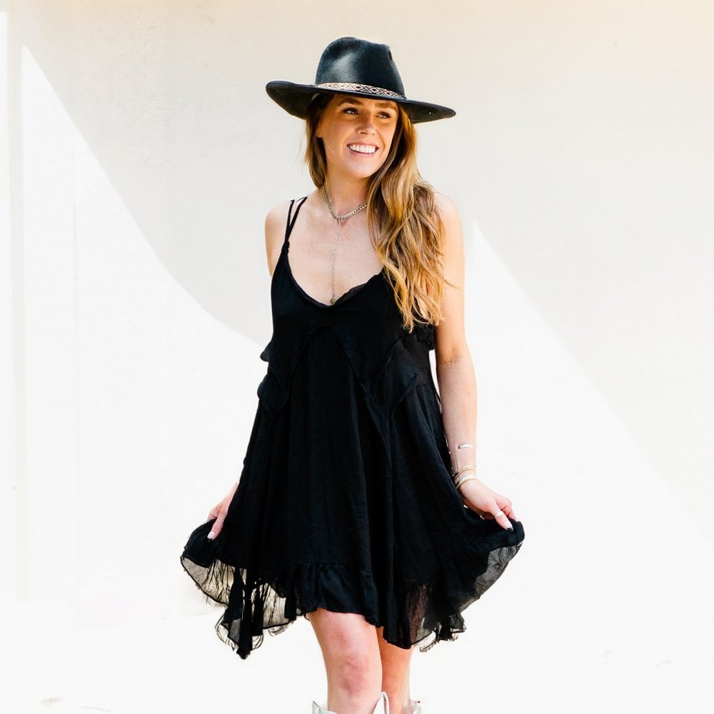 Black Flowy Layered Mini Dress Asymmetrical Hem Double Cross Back Straps Small - Picture 3 of 12